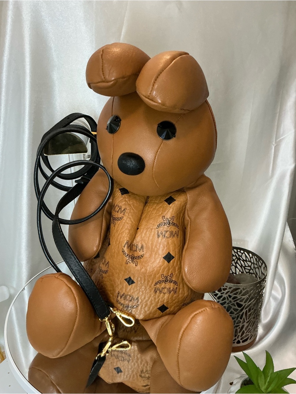 MCM Cognac Bear-Shaped Logo Leather Crossbody with Black Strap